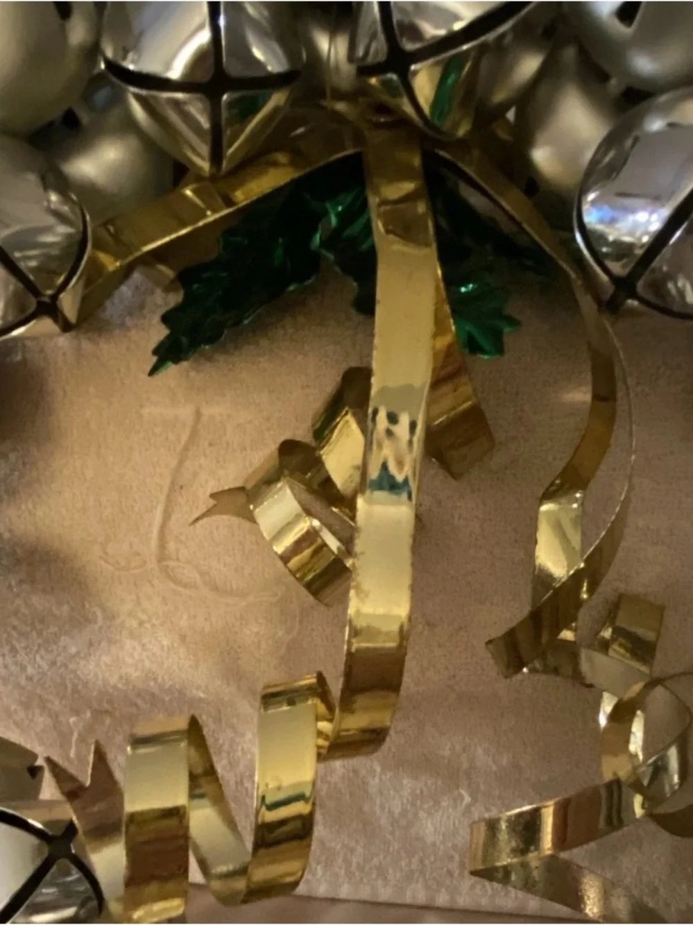 Silver Jingle Bell Holiday Wreath with Gold Ribbon